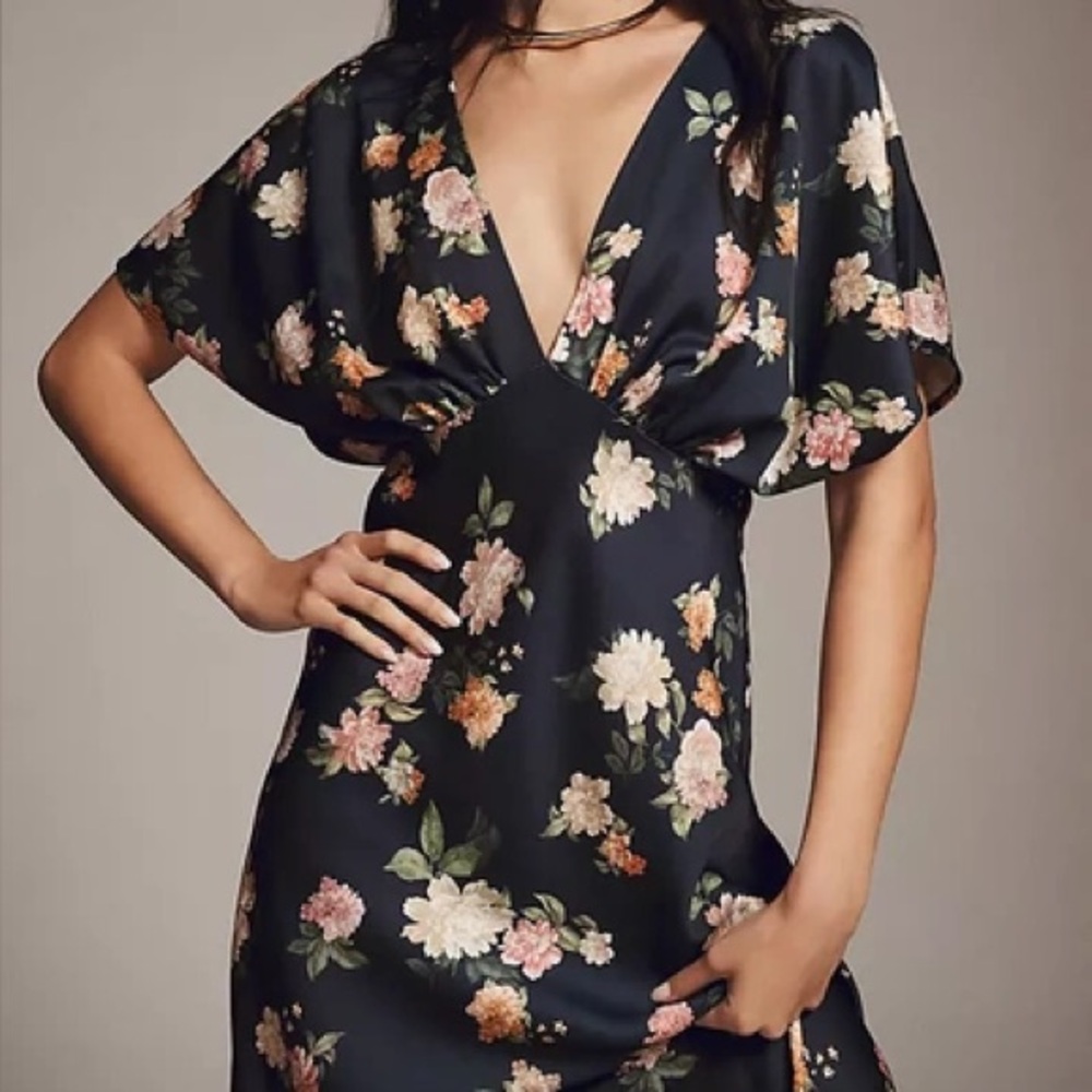 Anthropology BHLDN Leila Deep V Flutter-Sleeve Satin Dress